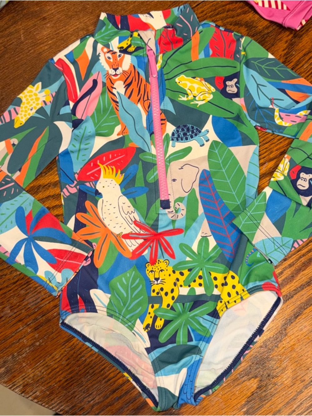 Mini Boden Kids Sz 3/4 Long-Sleeve One-Piece Swimsuit in Multi Jungle Print